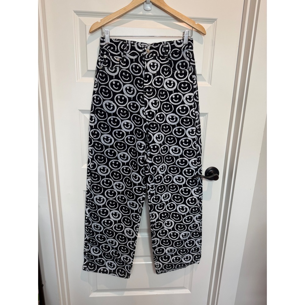 Shekou New Zealand Smiley Face Graffiti Print Wide Leg Denim Jeans Black White L